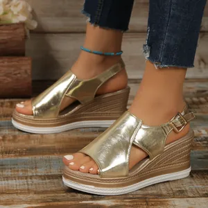 Women Peep Toe Wedge Sandals Metallic Hollow Out Platform Buckle Strap Sandals Western Style Shiny Gold Silver Summer Fashion Shoes