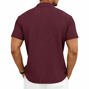 Back view of a men's burgundy knitted Polo shirt with vertical texture detail.