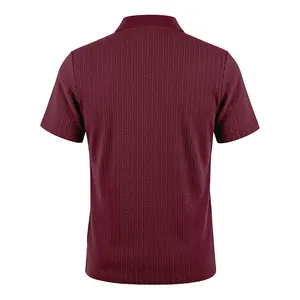 Detailed back view of a men's burgundy casual polo shirt featuring a classic cable-knit texture