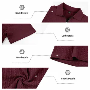 Detailed views of a men's burgundy knit polo shirt featuring a zip collar and textured fabric.
