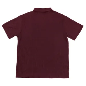 Back view of men's burgundy knit polo shirt featuring vertical cable texture