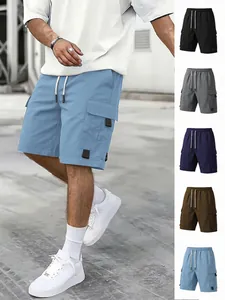 Short Cargo en Polyester Décontracté pour Hommes Multi Poches Cordon de Serrage Taille Élastique Couleur Unie Été Bas