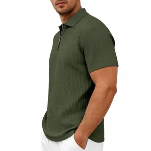 Detailed view of men's olive green knitted polo shirt with zipper and ribbed texture