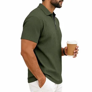 Side view of men's olive green textured knit polo shirt with stylish zipper collar detail.