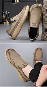 Vue détaillée des chaussures mocassins en cuir kaki pour hommes avec fini texturé.