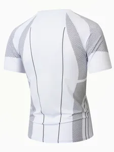 Detail view of the back pattern on a white athletic compression t-shirt for men.