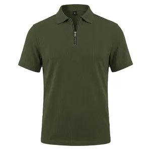 Detailed macro view of olive green men's knit textured polo shirt with zipper closure