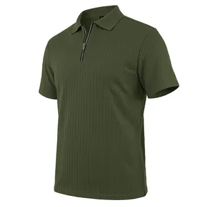 Detail view of army green men's polo shirt featuring knit texture and front zipper