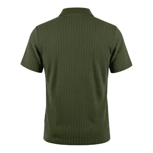 Back view of army green men's knitted polo shirt with vertical rib texture detail