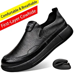Chaussures décontractées en cuir noir pour hommes avec semelle souple épaisse