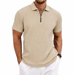 Close-up of men's beige knit polo shirt featuring vertical texture and metal zipper