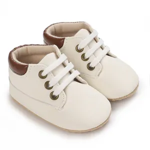 Soft cream baby sneakers with brown trim for infants 0-1 year old