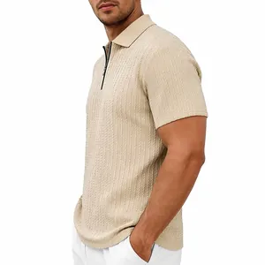 Detail showing texture of men's beige knitted polo shirt with quarter-zip closure