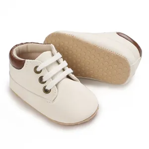 Cream PU leather baby walking shoes with non-slip soft sole for infants 0-12 months