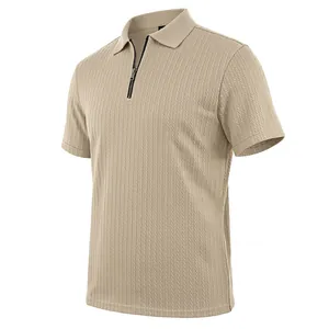 Detail showing the intricate cable knit texture and zipper on this men's beige polo shirt.