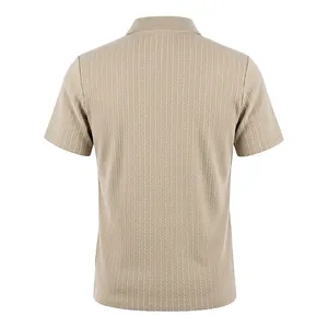 Back view of men's beige short-sleeved knit polo shirt with vertical cable texture