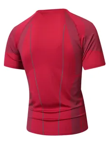 Back detail of a red men's compression short sleeve T-shirt with grey seam accents.