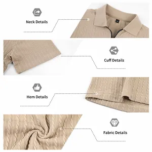 Detail view of the neck, cuff, hem, and knit fabric texture of a men's polo shirt