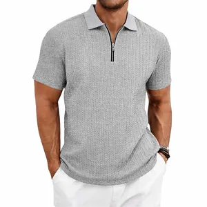 Men's grey casual short sleeve knitted polo shirt with front zipper and cable texture