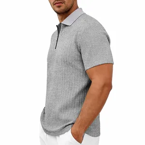 Detailed view of men's casual knit textured polo shirt with stylish zipper closure