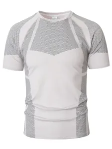 Detailed macro view of white athletic compression T-shirt for men with hexagonal mesh pattern