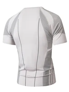 Back view of men's compression T-shirt featuring white fabric and grey geometric patterns.