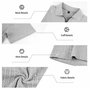 Detailed close-up views of knitted polo shirt neck, cuff, hem and fabric texture