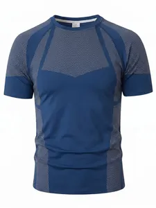 Detail view of blue compression t-shirt with breathable honeycomb pattern texture