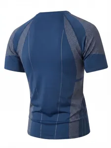 Back view of blue men's compression shirt with geometric honeycomb pattern details