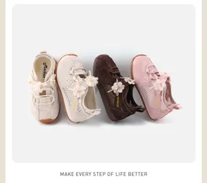 A detailed view showing breathable mesh children's sneakers in four soft pastel colors