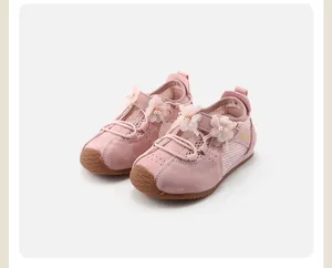 Cute pink toddler girl sneakers with 3D floral decorations and breathable mesh fabric