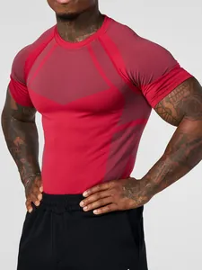 Men's athletic red compression t-shirt with gray geometric patterns for fitness and gym