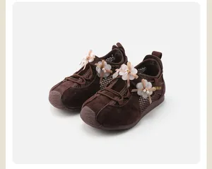Brown children's floral sneakers with mesh detail and pearl embellishments for girls