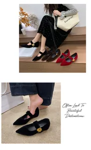 Elegante französische Samt-Mary-Jane-Schuhe mit spitzer Kappe und Herzschnalle