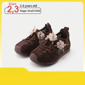 Toddler Girls Bow Sneakers Pigskin Mesh Floral Casual Shoes Soft Rubber Sole Chunky Sneakers Kids Fashion Footwear For School Daily
