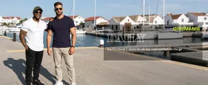 Outdoor lifestyle detail of men's ribbed knit Henley T-shirts in harbor setting