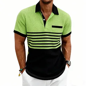 Polo à manches courtes pour hommes en maille gaufrée à rayures vertes et noires