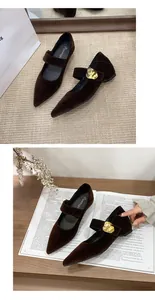 Detaillierte Ansicht eleganter brauner Samt-Mary-Janes mit spitzer Kappe und Goldschnalle