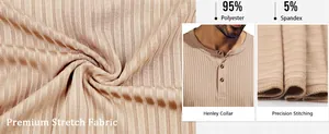 Detailed view of men's ribbed Henley T-shirt fabric, collar and precision stitching.