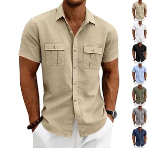 Herren Leinenmischung Kurzarm Cargohemd Lässig Locker Geschnitten Mehrere Taschen Workwear Top Sommer Outdoor Pendeln Knöpfe