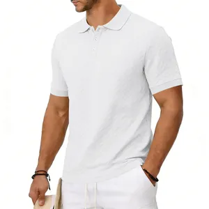 Detailed view of men's white jacquard polo shirt showing textured fabric and slim fit
