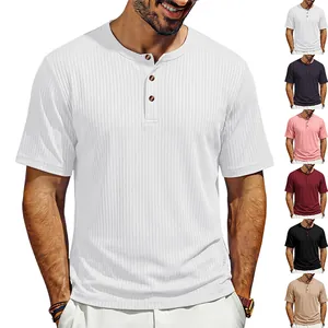 Close-up view of a white ribbed short-sleeved Henley shirt with various color swatches