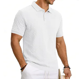 Detail view of white short sleeve polo shirt with textured jacquard pattern and button placket