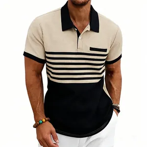 Vue détaillée d'un polo pour homme en maille gaufrée à rayures, coloris kaki et noir