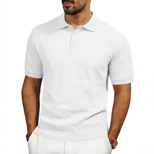 Detail view of white jacquard texture short sleeve slim fit polo shirt for men