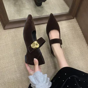Detailansicht französischer Mary Janes mit goldener Schnalle und Wildlederoptik.