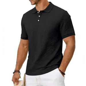 Detailed view of men's slim fit black jacquard textured short sleeve polo shirt