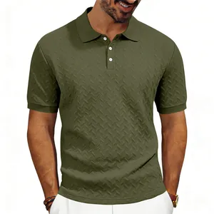 Close-up of olive green men's polo shirt featuring a textured herringbone jacquard pattern.