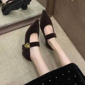 Nahaufnahme von eleganten dunkelbraunen Mary Janes mit spitzer Kappe und Gold-Schnalle