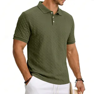 Detail of olive green textured jacquard men's polo shirt with slim fit design